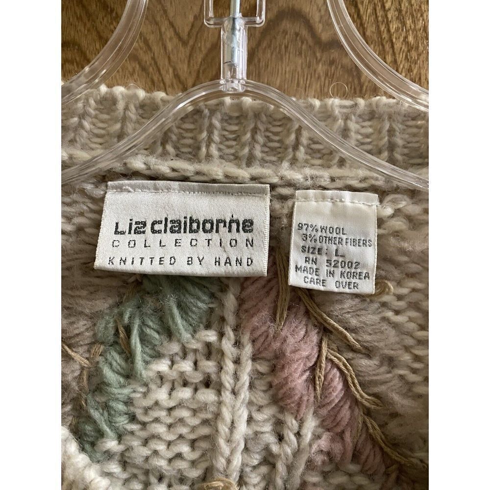 Vintage Liz Claiborne Hand Knit Wool Button-up Sweater Pastel Designs Grandma L - Picture 2 of 16